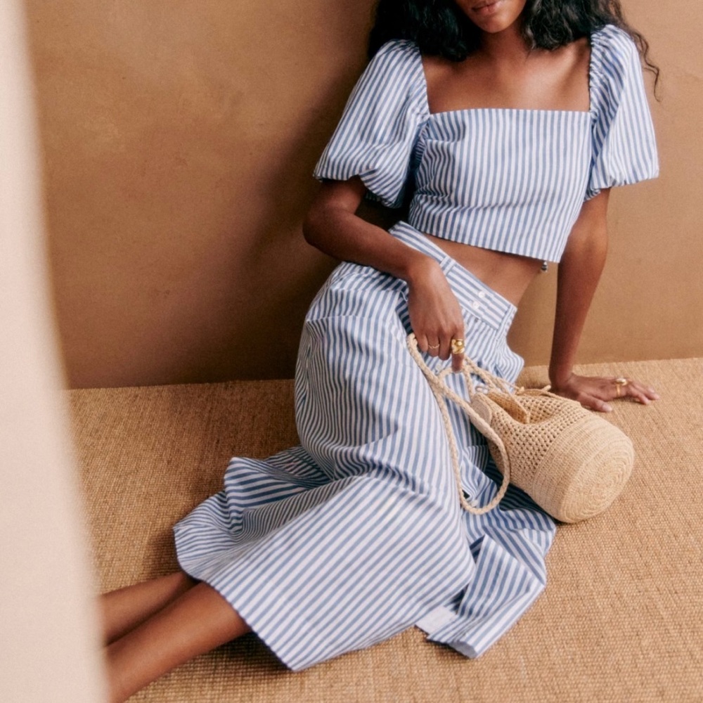 Sézane Clarine Flared Midi Skirt | Blue & White Striped| FR 34 / US 2 Twice Worn - Picture 2 of 9